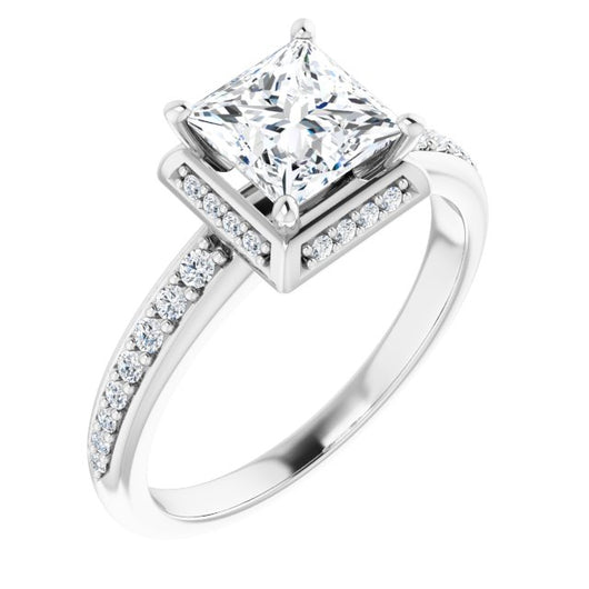 10K White Gold Customizable Princess/Square Cut Design with Geometric Under-Halo and Shared Prong Band