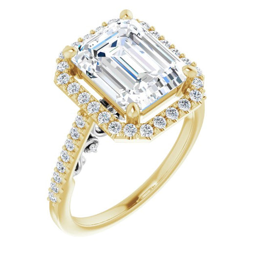 14K Yellow & White Gold Customizable Cathedral-Halo Emerald/Radiant Cut Design with Carved Metal Accent plus Pavé Band