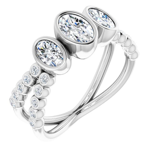 10K White Gold Customizable Bezel-set Oval Cut Design with Dual Bezel-Oval Accents and Round-Bezel Accented Split Band