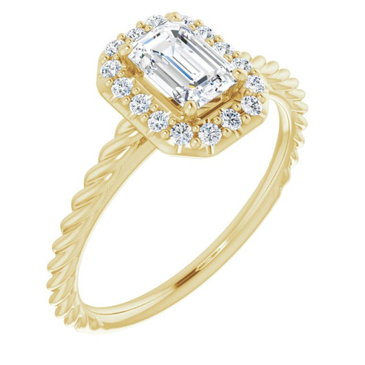 10K Yellow Gold Customizable Cathedral-set Emerald/Radiant Cut Design with Halo and Twisty Rope Band