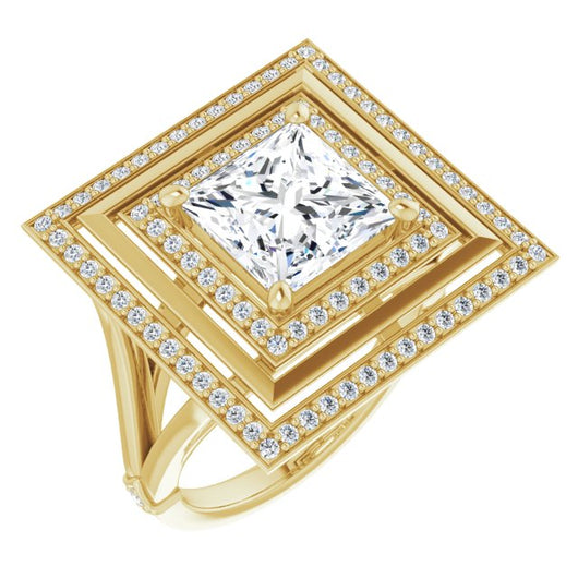 10K Yellow Gold Customizable Princess/Square Cut Oversized 2x Halo Style with Knuckle Accented Split Band