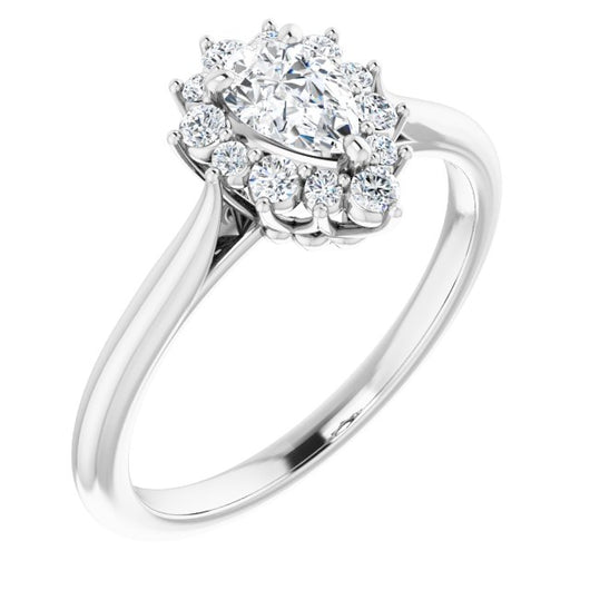 10K White Gold Customizable Crown-Cathedral Pear Cut Design with Clustered Large-Accent Halo & Ultra-thin Band