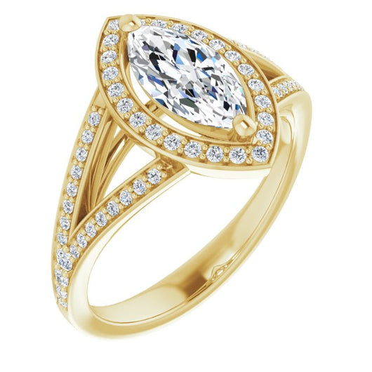 10K Yellow Gold Customizable Cathedral-Halo Marquise Cut Style featuring Split-Shared Prong Band