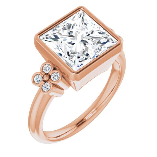 10K Rose Gold Customizable 9-stone Bezel-set Princess/Square Cut Design with Quad Round Bezel Side Stones Each Side