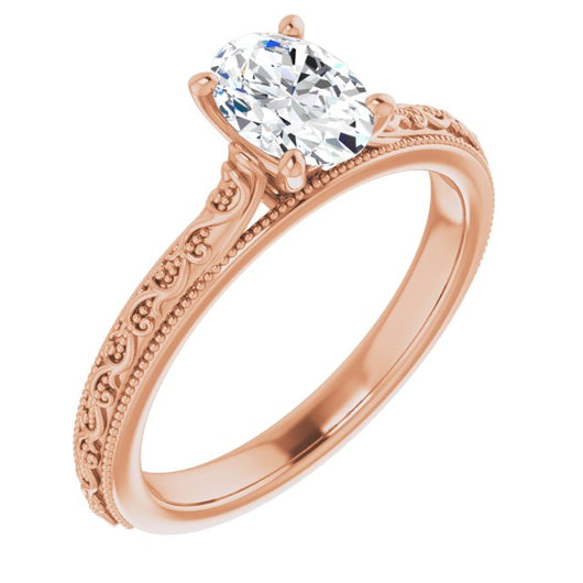 10K Rose Gold Customizable Oval Cut Solitaire with Delicate Milgrain Filigree Band