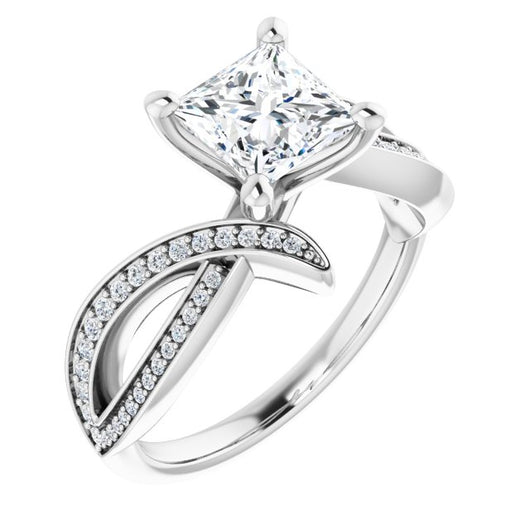 10K White Gold Customizable Princess/Square Cut Design with Swooping Pavé Bypass Band