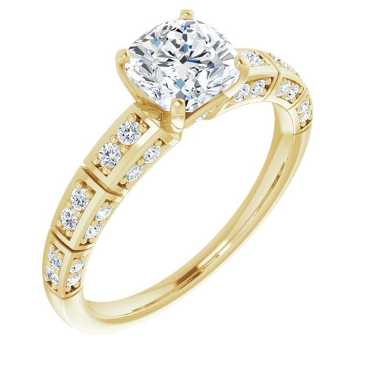 10K Yellow Gold Customizable Cushion Cut Style with Three-sided, Segmented Shared Prong Band