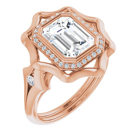 10K Rose Gold Customizable Bezel-set Emerald/Radiant Cut with Halo & Oversized Floral Design