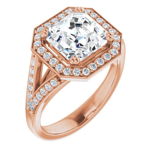 10K Rose Gold Customizable Cathedral-set Asscher Cut Style with Accented Split Band and Halo