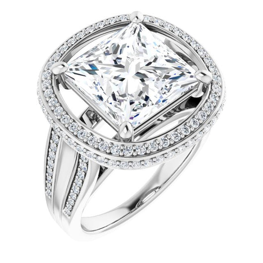 10K White Gold Customizable Halo-style Princess/Square Cut with Under-halo & Ultra-wide Band