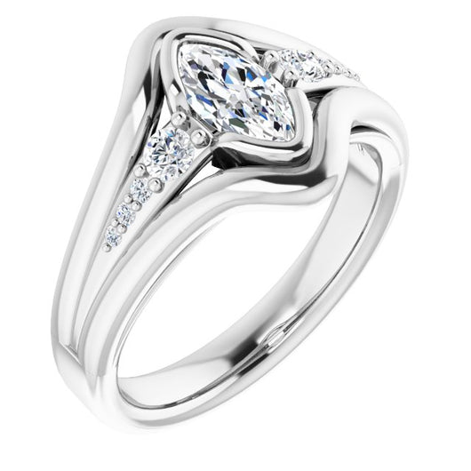 10K White Gold Customizable 9-stone Marquise Cut Design with Bezel Center, Wide Band and Round Prong Side Stones