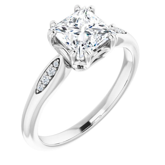 10K White Gold Customizable 9-stone Princess/Square Cut Design with 8-prong Decorative Basket & Round Cut Side Stones