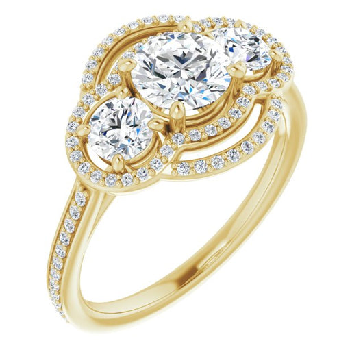 10K Yellow Gold Customizable Enhanced 3-stone Double-Halo Style with Round Cut Center and Thin Band