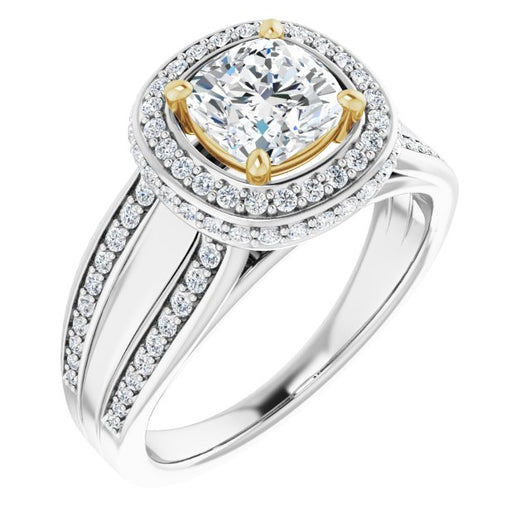 14K White & Yellow Gold Customizable Halo-style Cushion Cut with Under-halo & Ultra-wide Band