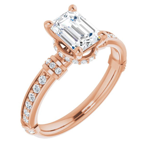 10K Rose Gold Customizable Emerald/Radiant Cut Style featuring Under-Halo, Shared Prong and Quad Horizontal Band Accents