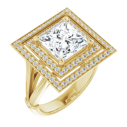 10K Yellow Gold Customizable Cathedral-set Princess/Square Cut Design with Double Halo, Wide Split Band and Side Knuckle Accents