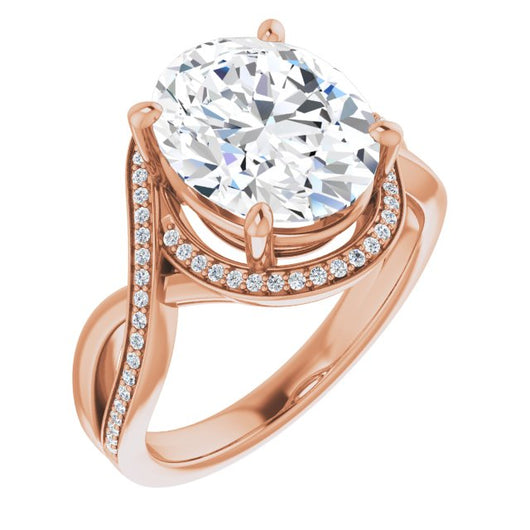 10K Rose Gold Customizable Bypass-Halo-Accented Oval Cut Center with Twisting Split Shared Prong Band