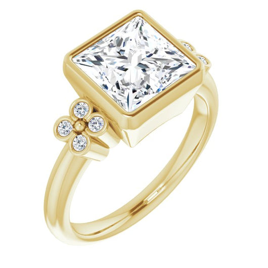 10K Yellow Gold Customizable 9-stone Bezel-set Princess/Square Cut Design with Quad Round Bezel Side Stones Each Side