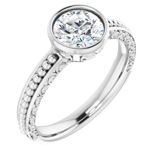 10K White Gold Customizable Bezel-set Round Cut Solitaire with Beaded and Carved Three-sided Band