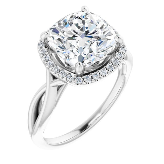 10K White Gold Customizable Cathedral-Halo Cushion Cut Design with Twisting Split Band