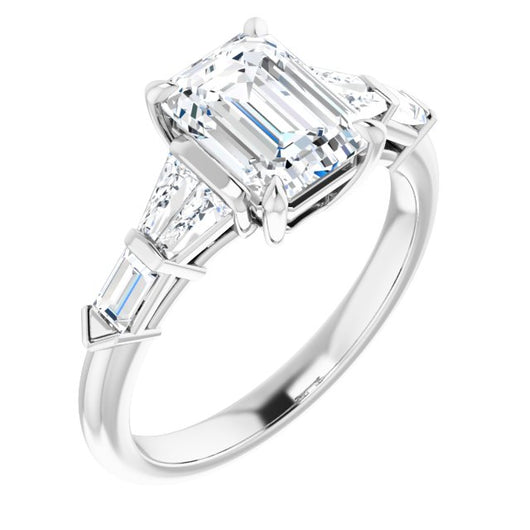 10K White Gold Customizable 7-stone Design with Emerald/Radiant Cut Center and Baguette Accents