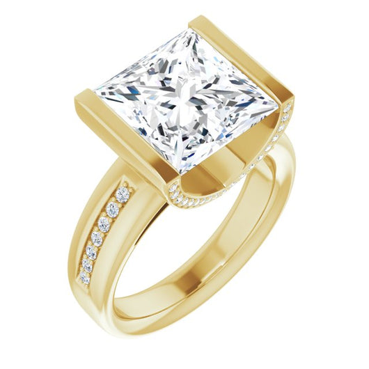 10K Yellow Gold Customizable Cathedral-Bar Princess/Square Cut Design featuring Shared Prong Band and Prong Accents