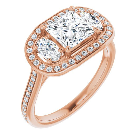 10K Rose Gold Customizable Princess/Square Cut Style with Oval Cut Accents, 3-stone Halo & Thin Shared Prong Band