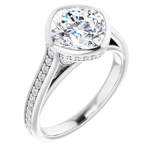 10K White Gold Customizable Cathedral-Bezel Cushion Cut Design with Under Halo and Shared Prong Band