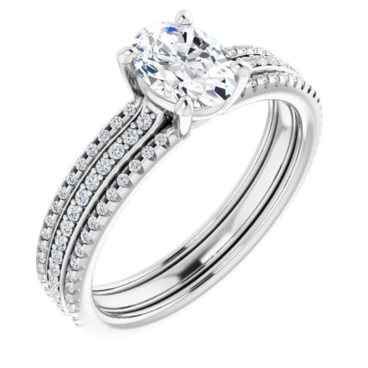 10K White Gold Customizable Oval Cut Center with Wide Pavé Accented Band