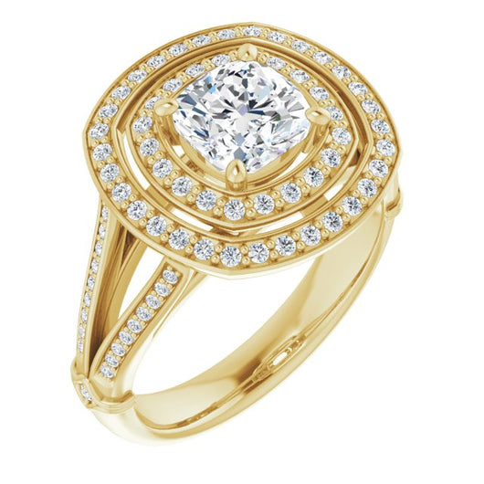 10K Yellow Gold Customizable Cathedral-set Cushion Cut Design with Double Halo, Wide Split-Shared Prong Band and Side Knuckle Accents