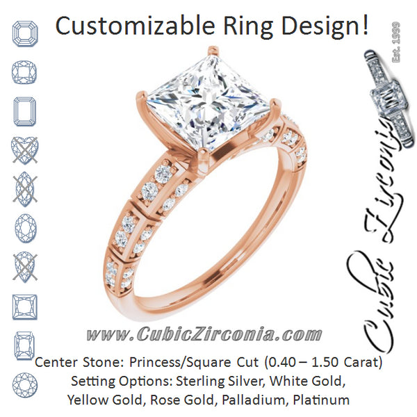 Cubic Zirconia Engagement Ring- The Anna (Customizable Princess/Square Cut Style with Three-sided, Segmented Shared Prong Band)