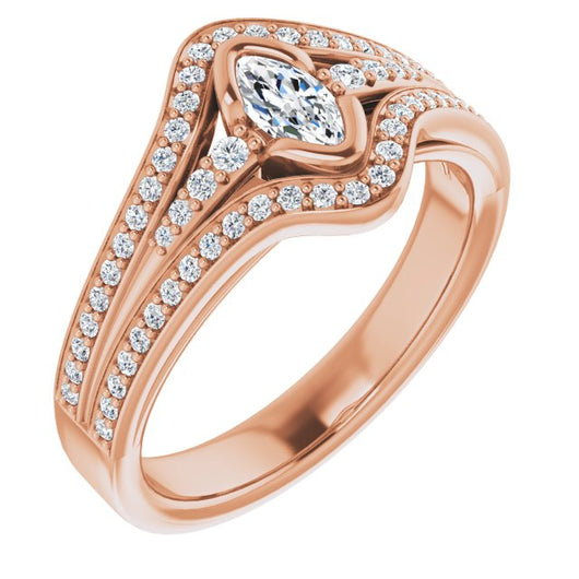 10K Rose Gold Customizable Cathedral-Bezel Marquise Cut Design with Wide Triple-Split-Pavé Band