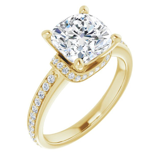 10K Yellow Gold Customizable Cushion Cut Setting with Organic Under-halo & Shared Prong Band