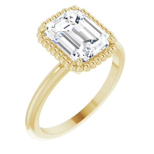 10K Yellow Gold Customizable Emerald/Radiant Cut Solitaire with Beaded Metallic Milgrain