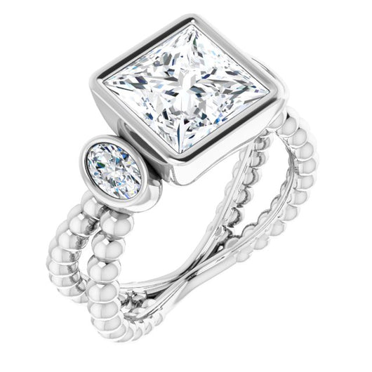 10K White Gold Customizable 3-stone Princess/Square Cut Design with 2 Oval Cut Side Stones and Wide, Bubble-Bead Split-Band