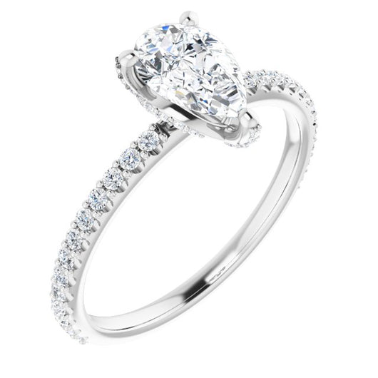 10K White Gold Customizable Pear Cut Design with Round-Accented Band, Micropav? Under-Halo and Decorative Prong Accents)