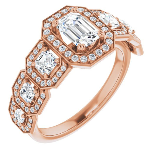 10K Rose Gold Customizable Cathedral-Halo Emerald/Radiant Cut Design with Six Halo-surrounded Asscher Cut Accents and Ultra-wide Band