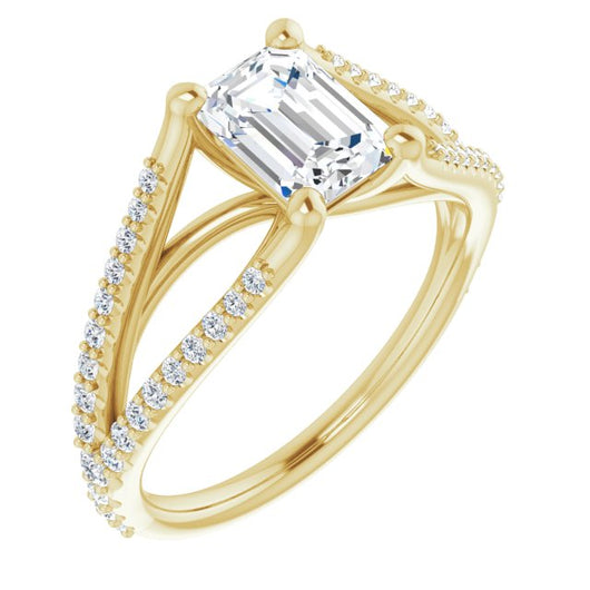 10K Yellow Gold Customizable Cathedral-raised Emerald/Radiant Cut Center with Exquisite Accented Split-band