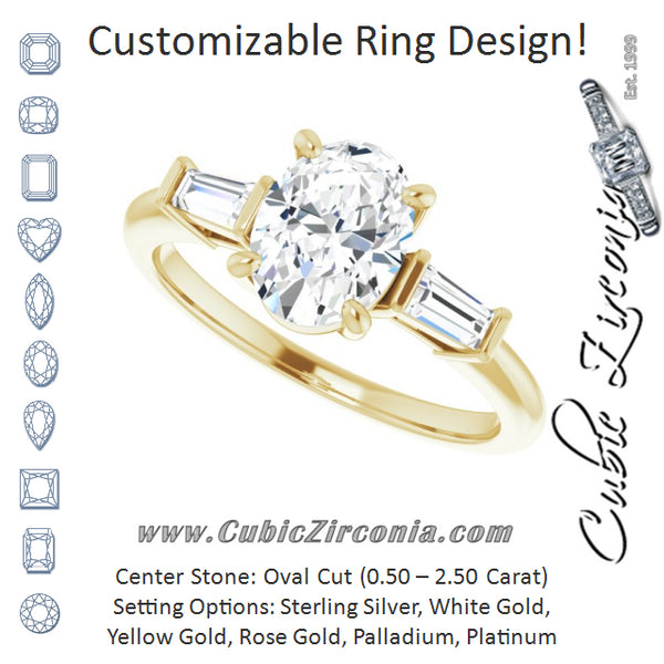 Cubic Zirconia Engagement Ring- The Dayanna Guadalupe (Customizable 3-stone Oval Cut Design with Dual Baguette Accents))