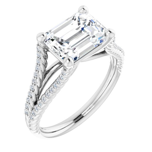 10K White Gold Customizable Emerald/Radiant Cut Style with Split Band and Rope-Pavé