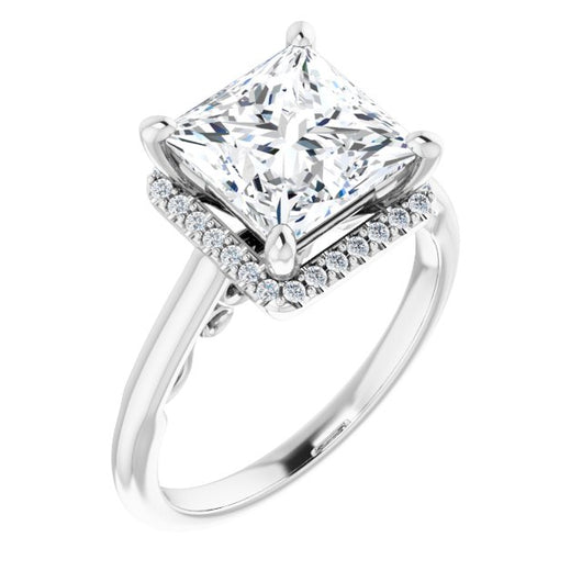 10K White Gold Customizable Cathedral-Halo Princess/Square Cut Style featuring Sculptural Trellis