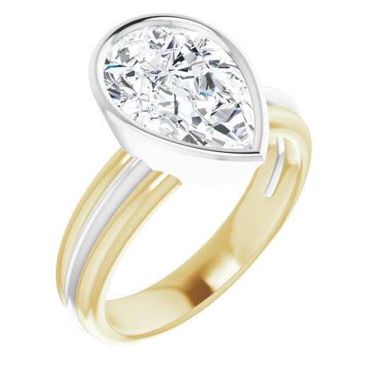 14K Yellow & White Gold Customizable Bezel-set Pear Cut Solitaire with Grooved Band