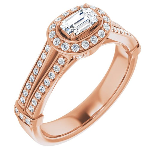 10K Rose Gold Customizable Emerald/Radiant Cut Setting with Halo, Under-Halo Trellis Accents and Accented Split Band