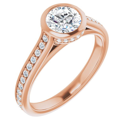 10K Rose Gold Customizable Cathedral-Bezel Round Cut Design with Under Halo and Shared Prong Band