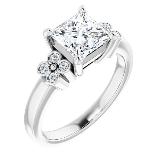 10K White Gold Customizable 9-stone Design with Princess/Square Cut Center and Complementary Quad Bezel-Accent Sets