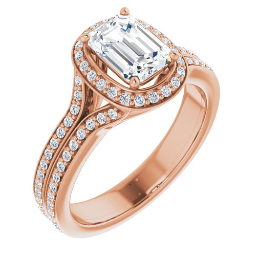 10K Rose Gold Customizable Cathedral-raised Emerald/Radiant Cut Setting with Halo and Shared Prong Band