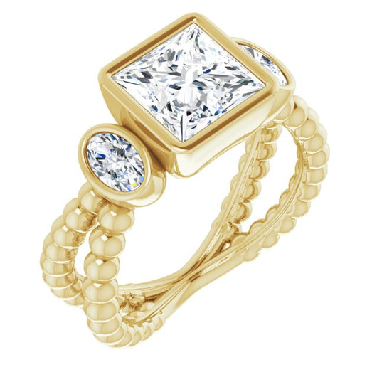 10K Yellow Gold Customizable 3-stone Princess/Square Cut Design with 2 Oval Cut Side Stones and Wide, Bubble-Bead Split-Band