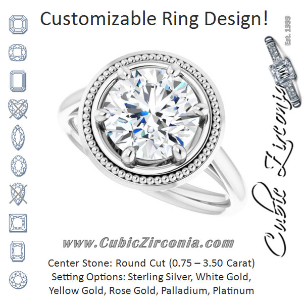 Cubic Zirconia Engagement Ring- The Eve (Customizable Round Cut Solitaire with Metallic Drops Halo Lookalike)