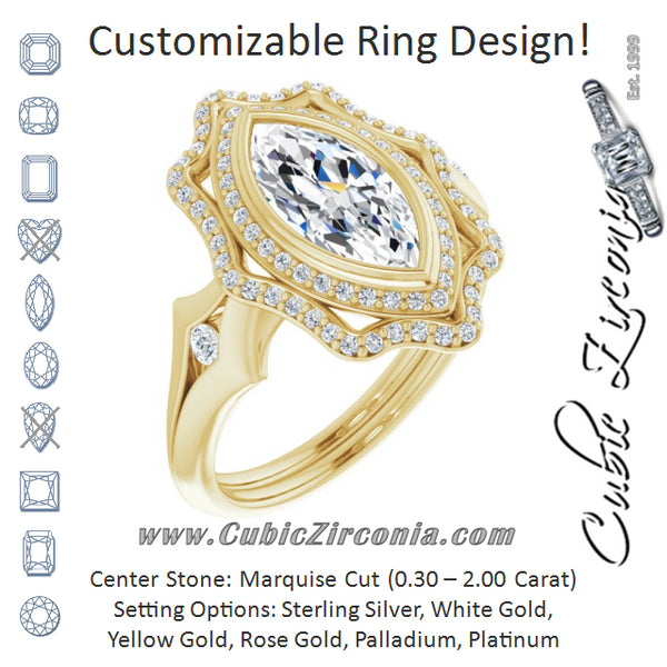 Cubic Zirconia Engagement Ring- The Cyra (Customizable Cathedral-bezel Marquise Cut Design with Floral Double Halo and Channel-Accented Split Band)