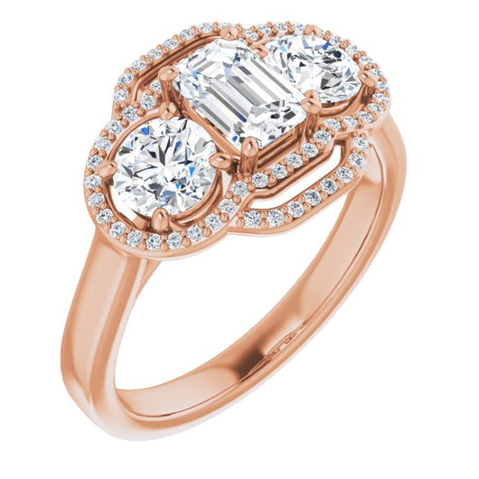 10K Rose Gold Customizable Cathedral-set Enhanced 3-stone Emerald/Radiant Cut Design with Multidirectional Halo